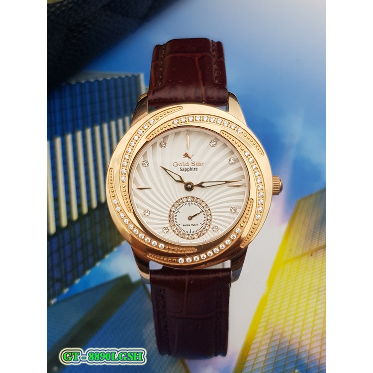 *Gold Star* Đồng Hồ goldstar Chính Hãng Nữ GT – 8890L.Thép 316L, Kính Saphia, Gắn Kim Cương, Mạ Vàng 24k, Nước 50mét