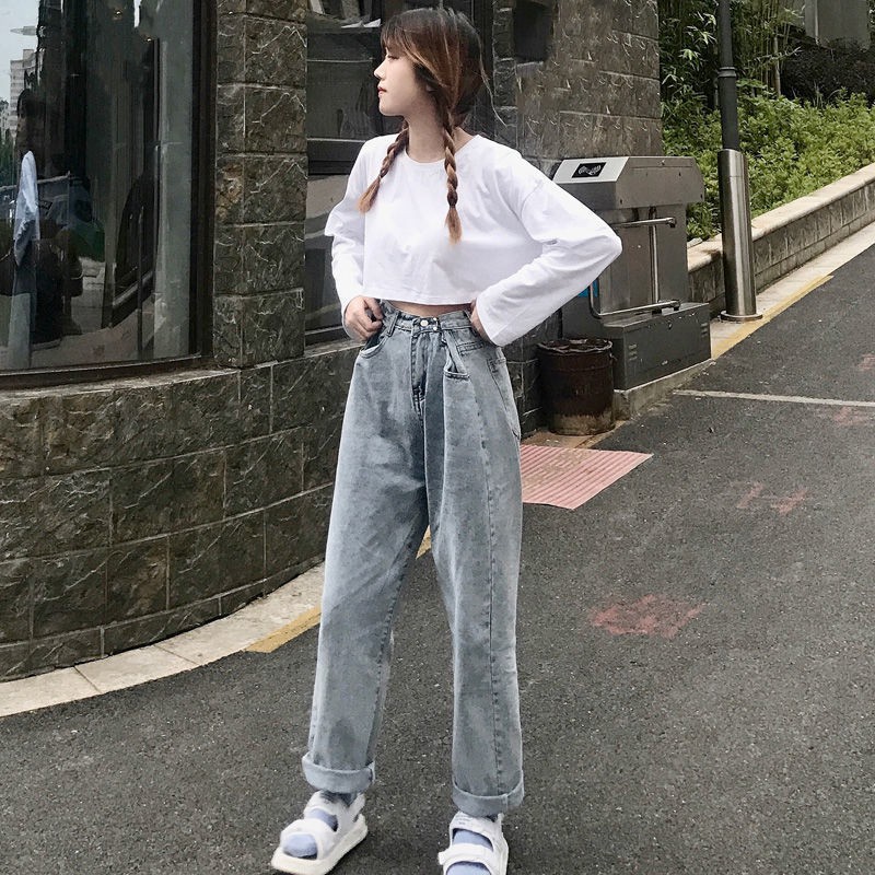 LEEVA - Quần jeans nữ dài ống suông phối nút gài eo Q035