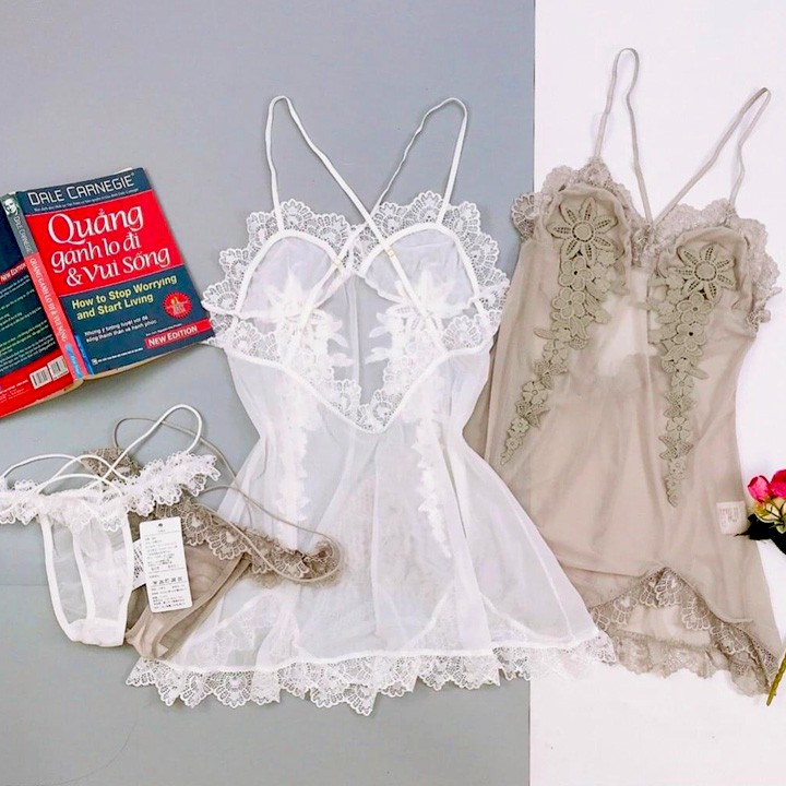 Váy ngủ sexy form ngắn hai dây chéo lưng xuyên thấu ren hoa dọc 2 bên kèm chip ren quyến rũ