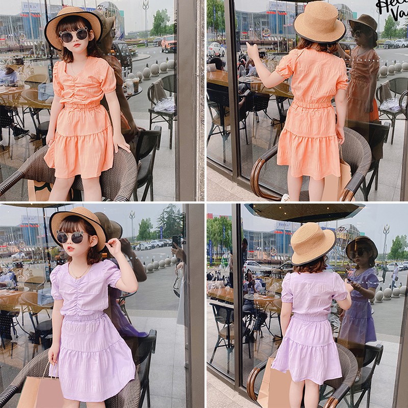 Set 2 Món Gồm Áo Chiffon Ngắn Tay Và Váy Ngắn Mùa Hè Hàn Quốc Dành Cho Bé Gái 1-7 Tuổi