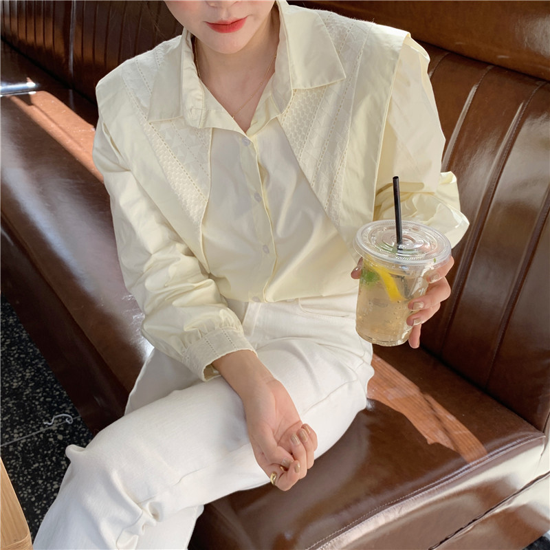 38655 Áo Sơ Mi Dài Tay Màu Trơn Thêu Hoa Văn Cho Nữ