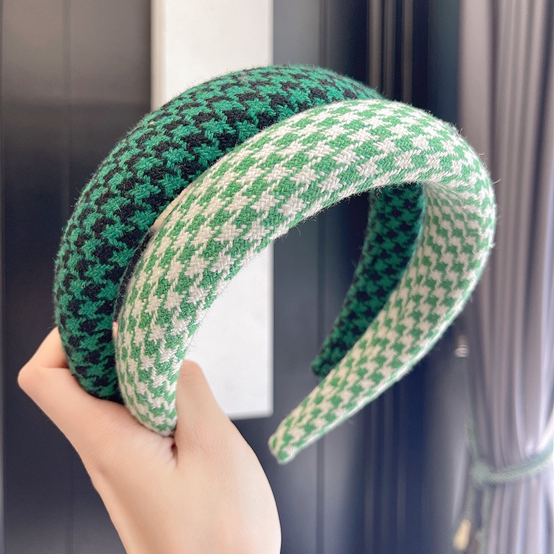 Băng Đô Cài Tóc Họa Tiết Sọc Caro Màu Xanh Lá Phong Cách Hàn Quốc Dễ Thương