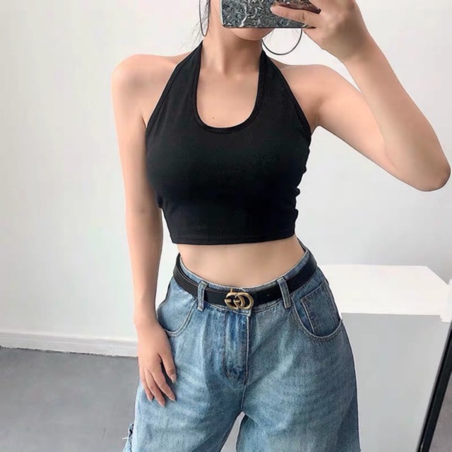 Áo yếm trơn croptop hình thật thun borip