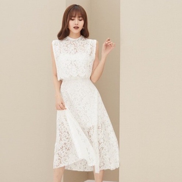 Đầm ren trắng xoè 2 tầng dài mặc đi chơi đi làm đi tiệc MS2371