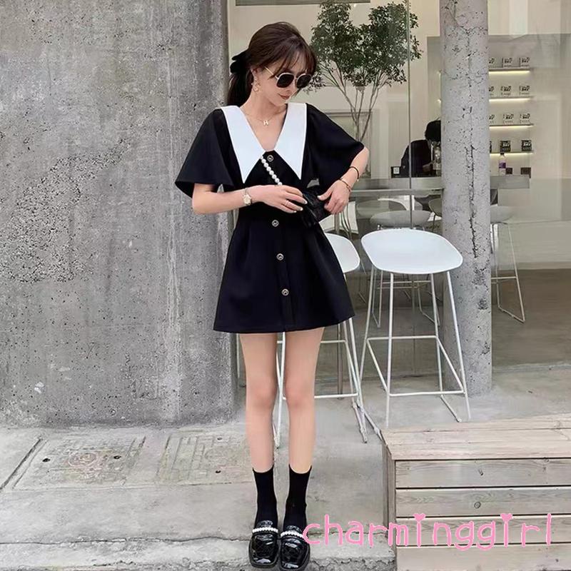 Chm-đầm Ngắn Tay Mini Cổ Peter Pan Cài Nút Màu Sắc Tương Phản Thời Trang Mùa Hè Cho Nữ