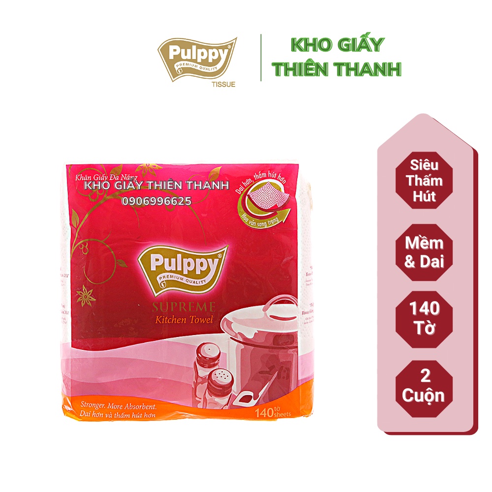 Khăn Giấy Đa Năng 2 Cuộn Pulppy Supreme 340 Tờ Giấy 2 Lớp Dai Mịn cho Lau Dọn Bếp, Thấm Dầu 🍀 Kho Giấy Thiên Thanh🍀