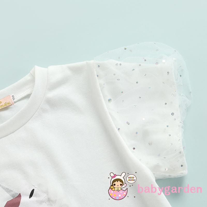 Bộ áo thun tay ngắn in hoạt hình + Chân váy jean phối lưới thời trang mùa hè cho bé gái 2-7 tuổi