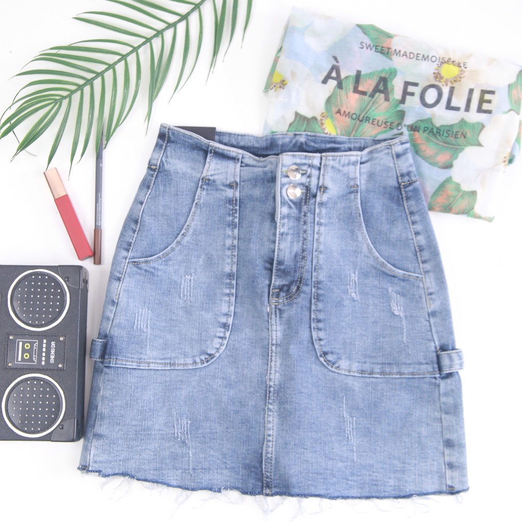 Chân váy công sở, Chân váy Jean co giãn màu xanh nhạt, Có túi trước, Gấu tua rua | BigBuy360 - bigbuy360.vn