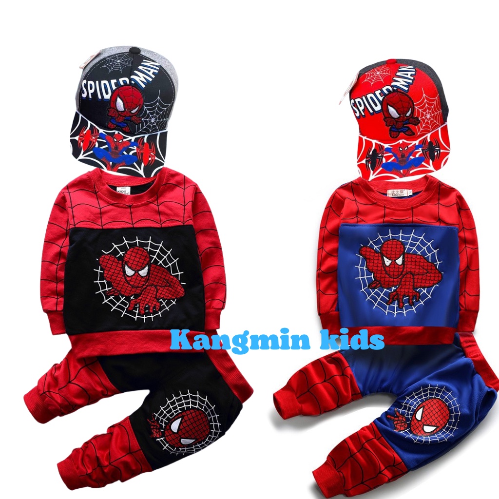 Bộ nỉ cho bé trai Mã SN12, Bộ dài tay bé trai in hình siêu nhân nhện vải nỉ da cá cho bé từ 14-28kg kangmin kids