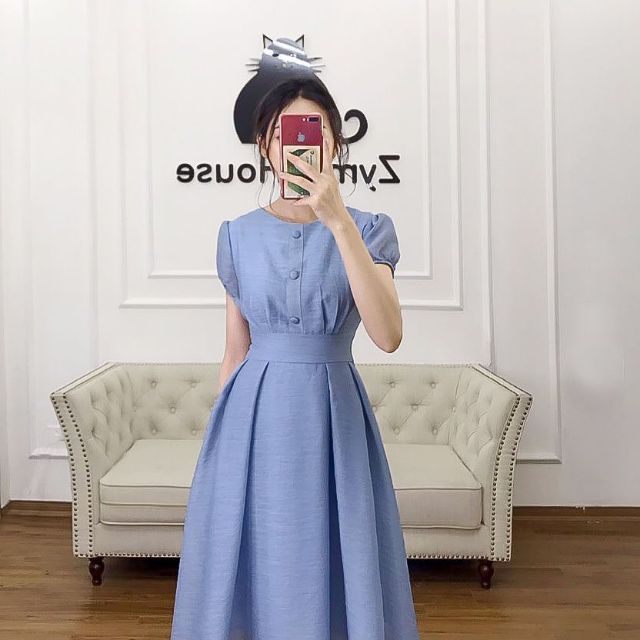 Đầm  xoè  nút  Bộc  tay  phồng