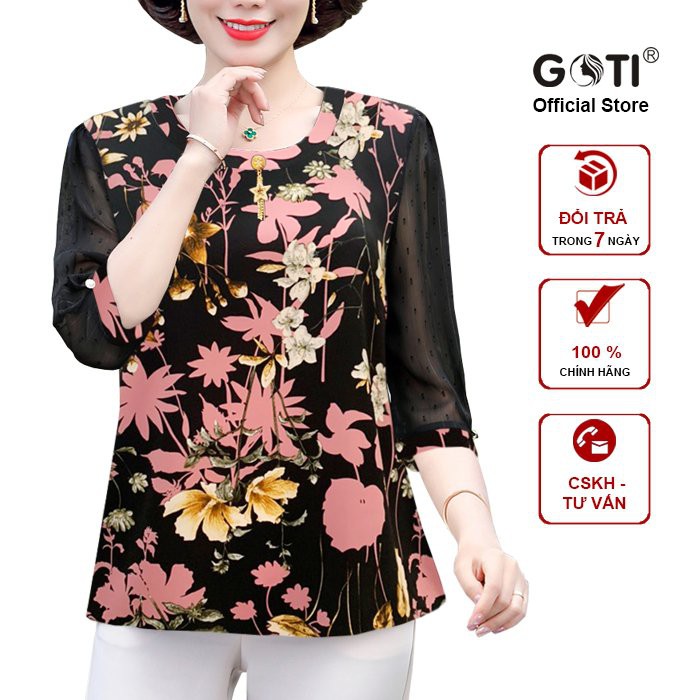 GOTI - Áo Kiểu Trung Niên U50-60 Size Lớn Cổ Khăn Cột Nơ Dáng Suông Phối Họa Tiết Dành Tặng Mẹ 3A23 3A17