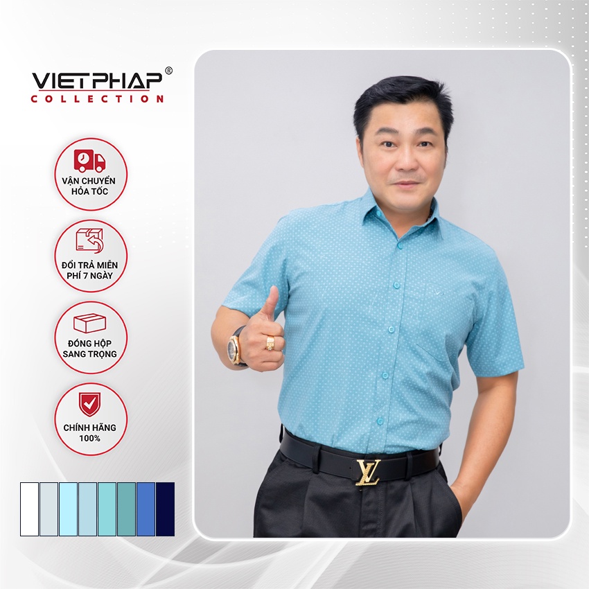 Áo Sơ Mi Nam Tay Ngắn Vạt Ngang Chấm Bi Cao Cấp Bamboo 9402 Việt Pháp. Thấm Hút Mồ Hôi, Chống Tia UV