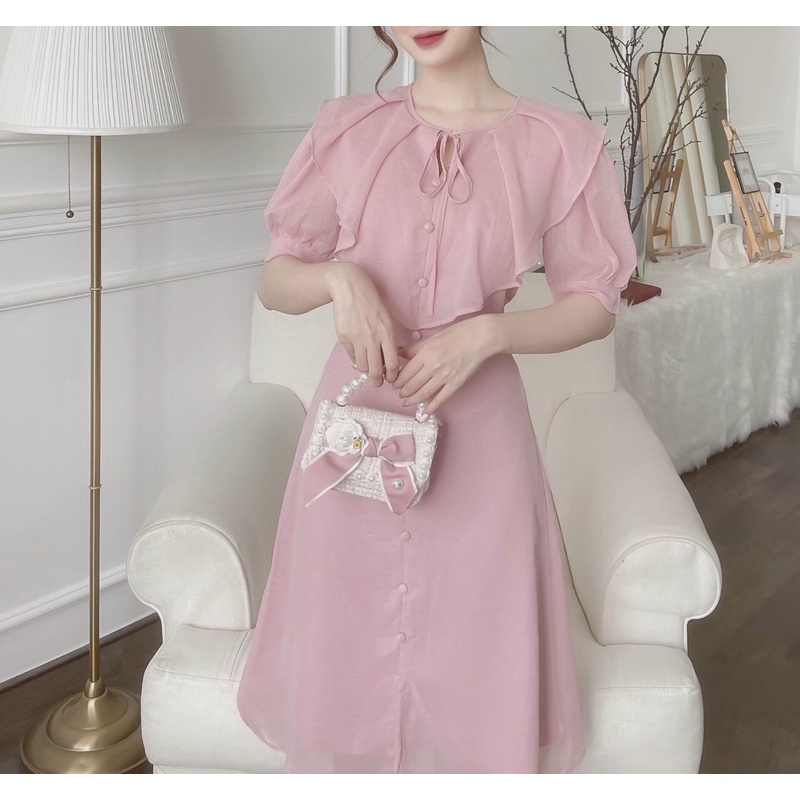 Đầm tiểu thư voan tơ nhẹ nhàng, bánh bèo, nữ tính cổ bèo may 2 lớp