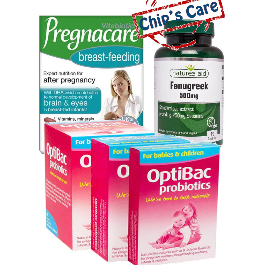 Combo Mẹ sau sinh ( Pregnacare sữa đủ chất, Cỏ cà ri Fenugreek tăng lượng sữa, Optibac hồng tiêu hóa tốt cho 2 mẹ con)