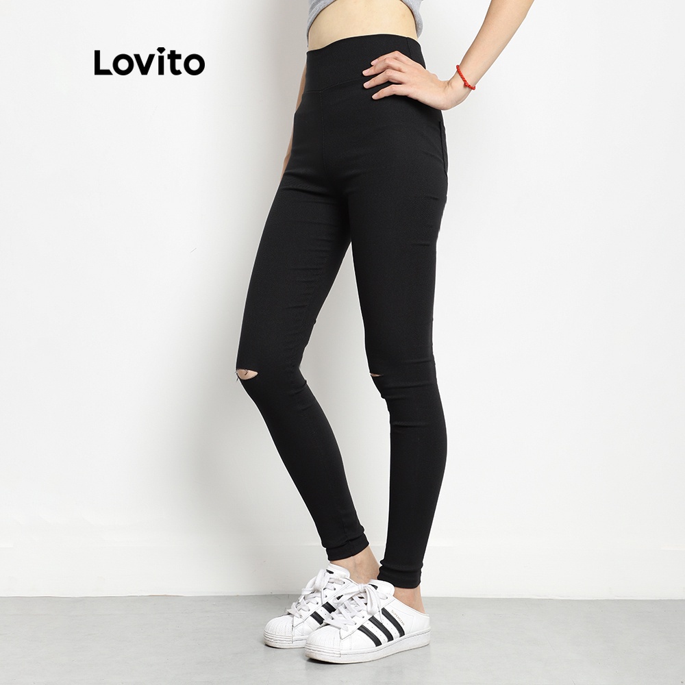 Quần Lovito phối rách có túi màu trơn thời trang đơn giản thường ngày L08155 (Màu đen)