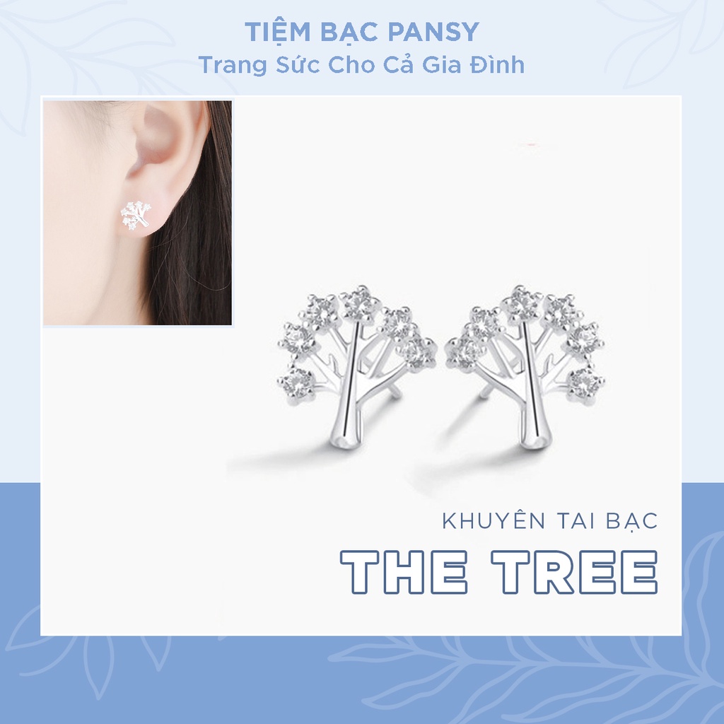 Bông tai bạc nữ PANSY hình nhánh cây đính đá, hoa tai bạc ta The Tree phong cách Hàn Quốc