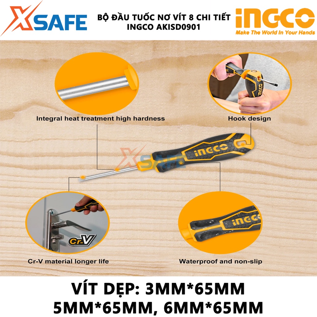 Bộ 9 tua vít đa năng INGCO AKISD0901 Bộ tuốc nơ vít thép CR-V đầu vít khỏe, cứng cáp, tay cầm có thể hoán đổi