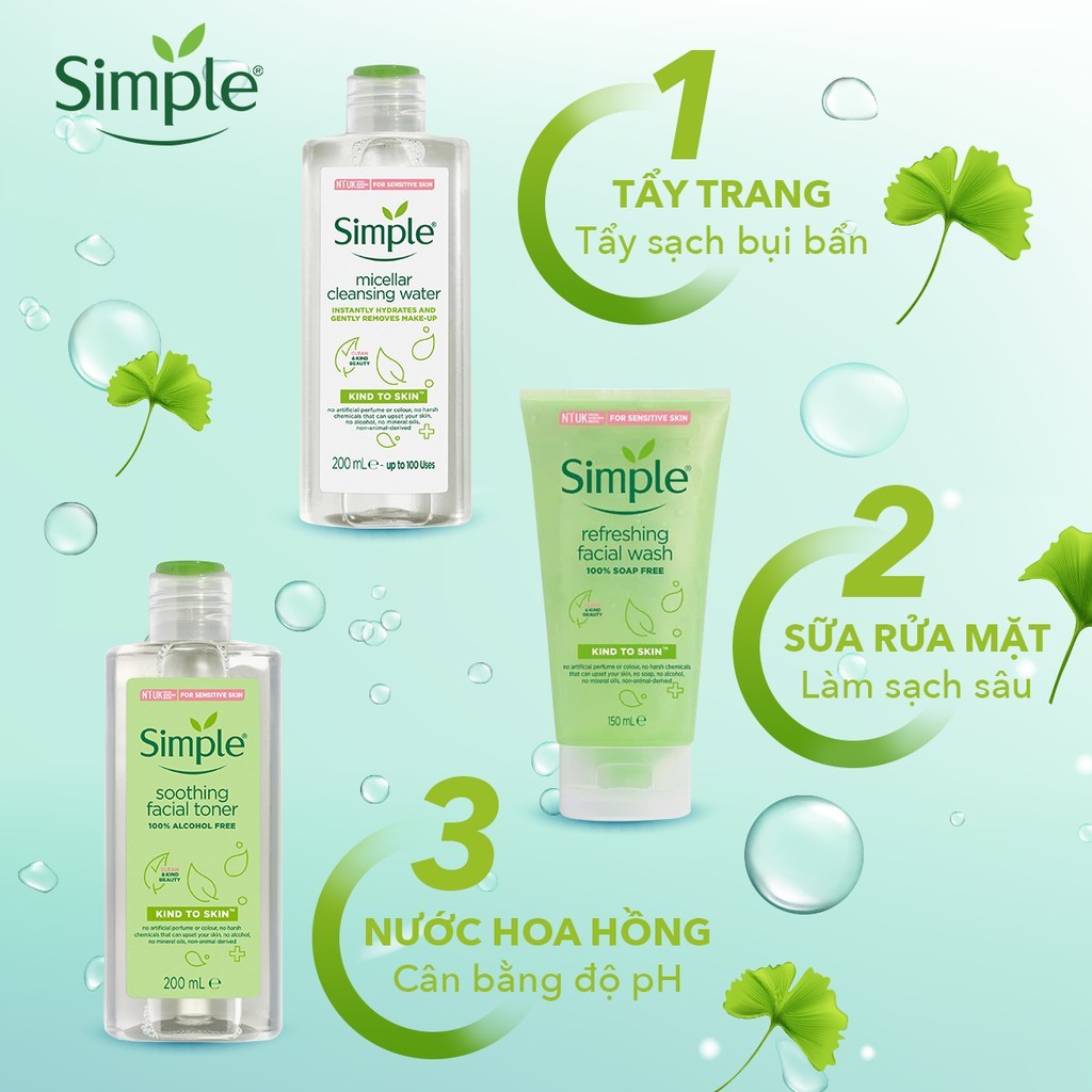 Bộ 3 Sản Phẩm Giúp Da Sạch Sâu Và Cấp Ẩm Cho Da SIMPLE Kind To Skin (Tẩy trang 200ml + SRM 150ml + Toner 200ml)