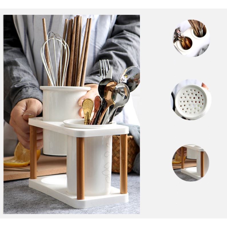 Khay ống đựng đũa thìa đôi sứ trắng decor