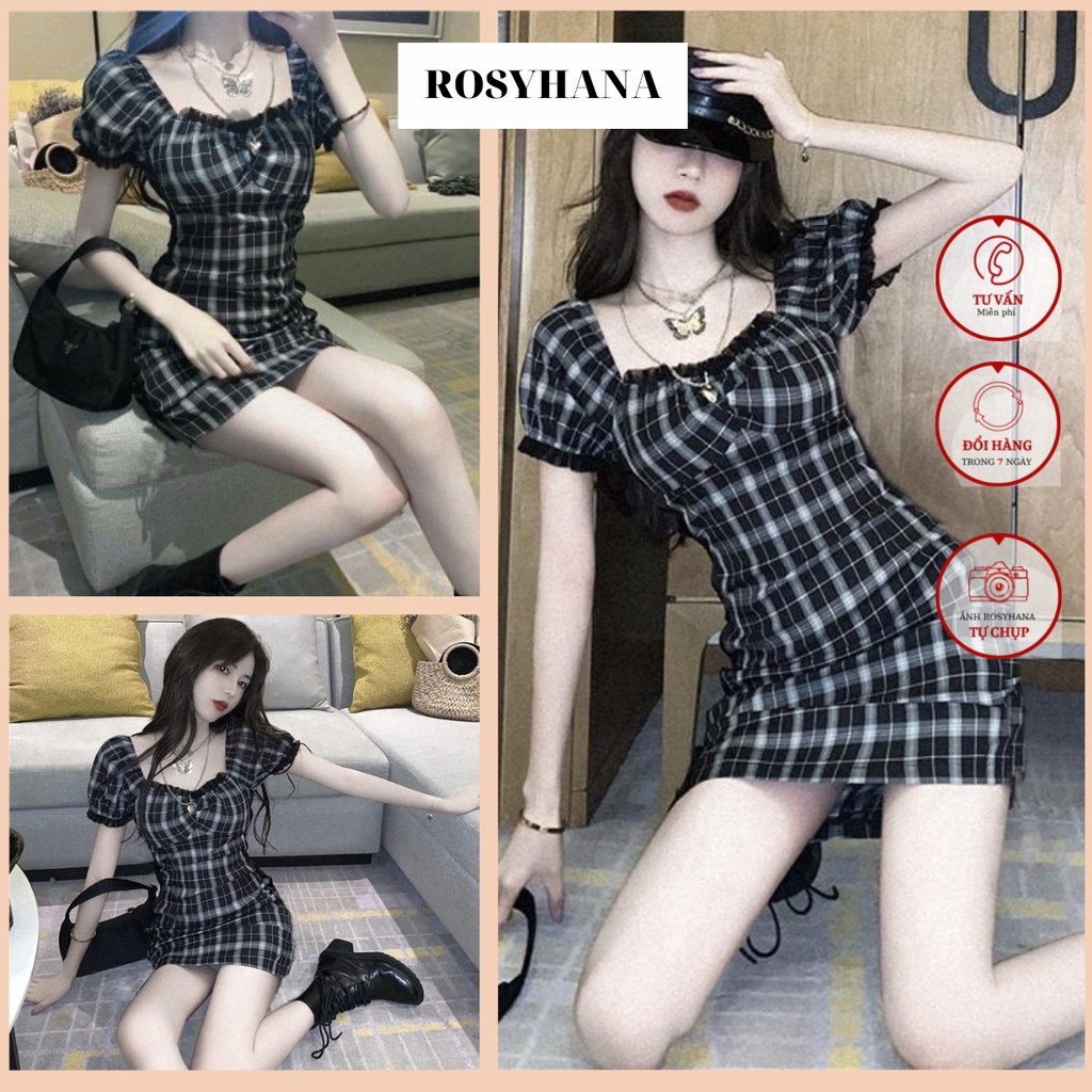 Váy kẻ caro đen viền bèo ngực tay chất liệu Thô ROSYHANA, Có đánh giá và video