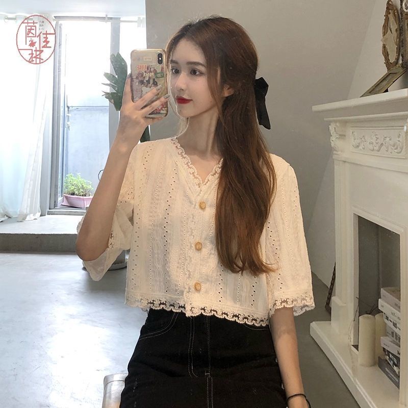 Áo Kiểu Hàn Quốc Dáng Rộng Cổ V Tay Ngắn In Họa Tiết Hoa Thời Trang Mùa Hè Hàng Mới 2022