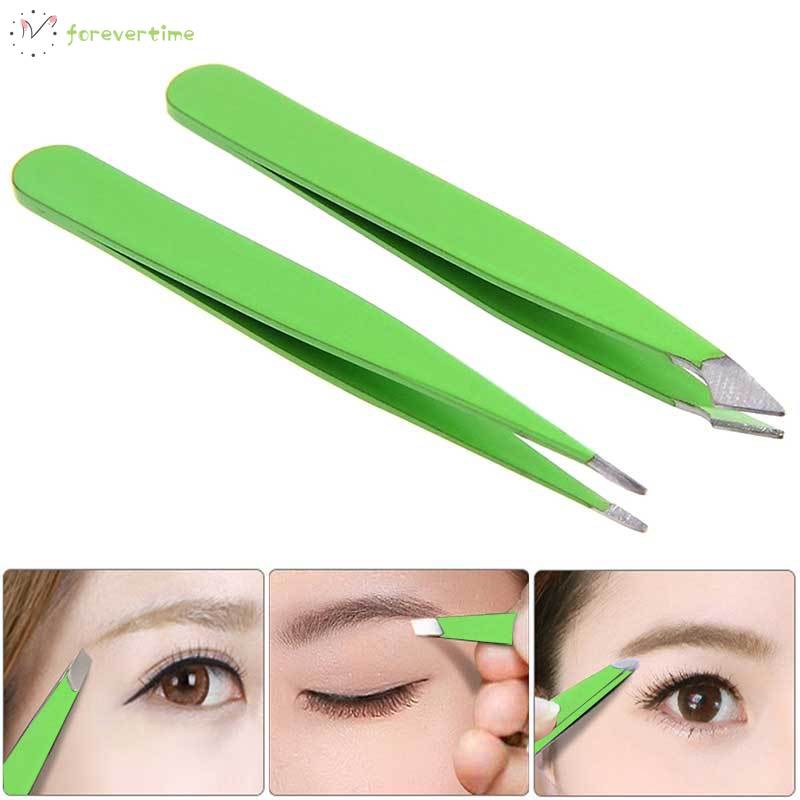 #Trang điểm# 2Pcs New Proffesional Sanitary Stainless Steel Slant Tip Hair Removal Eyebrow Tweezer