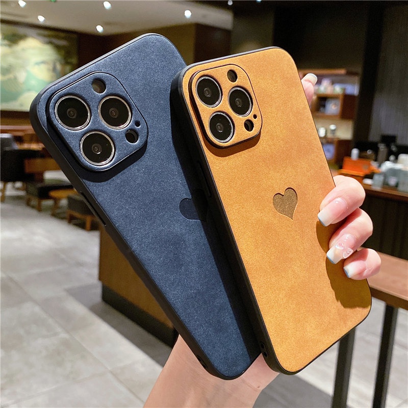 Ốp Điện Thoại Da Cừu Viền Silicon Dẻo Họa Tiết Trái Tim Dễ Thương Chống Sốc Cho iPhone 13 12 11 Pro Max XS XR X XS