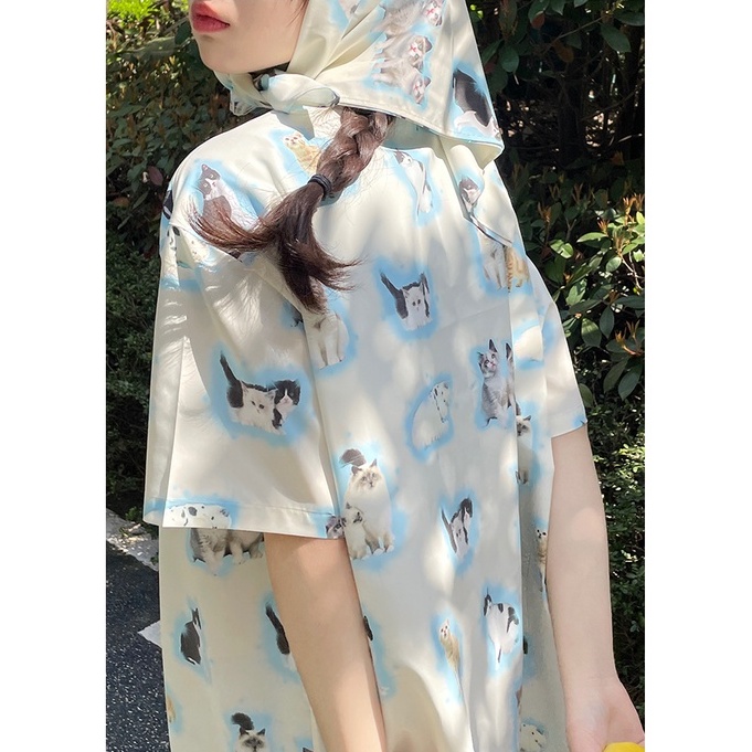Áo Sơ Mi Ngắn Tay In Họa Tiết Mèo Và Ngôi Sao Sáng Tạo Thời Trang Cho Nữ