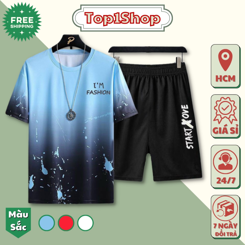 Set Bộ Mùa Hè Nam Áo Ngắn Tay Cổ Tròn In Chữ I'M FASHION Hai Màu Loang Phối Quần Short Đùi Ngắn Cạp Chun Co Giãn Phong C