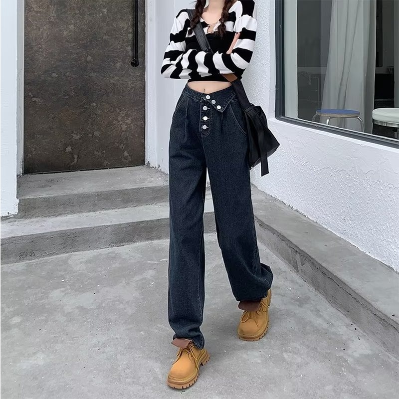 Quần Jean Đen Lưng Cao Ống Rộng Nhiều Nút Phong Cách Hàn Quốc Cho Nữ