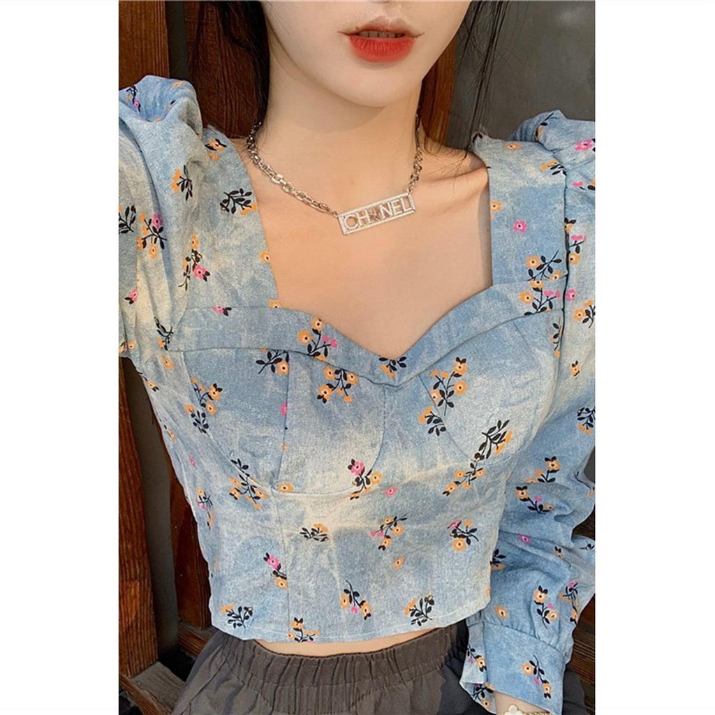 Áo Kiểu Cổ Vuông In Họa Tiết Phong Cách Retro Cho Nữ  tao bao