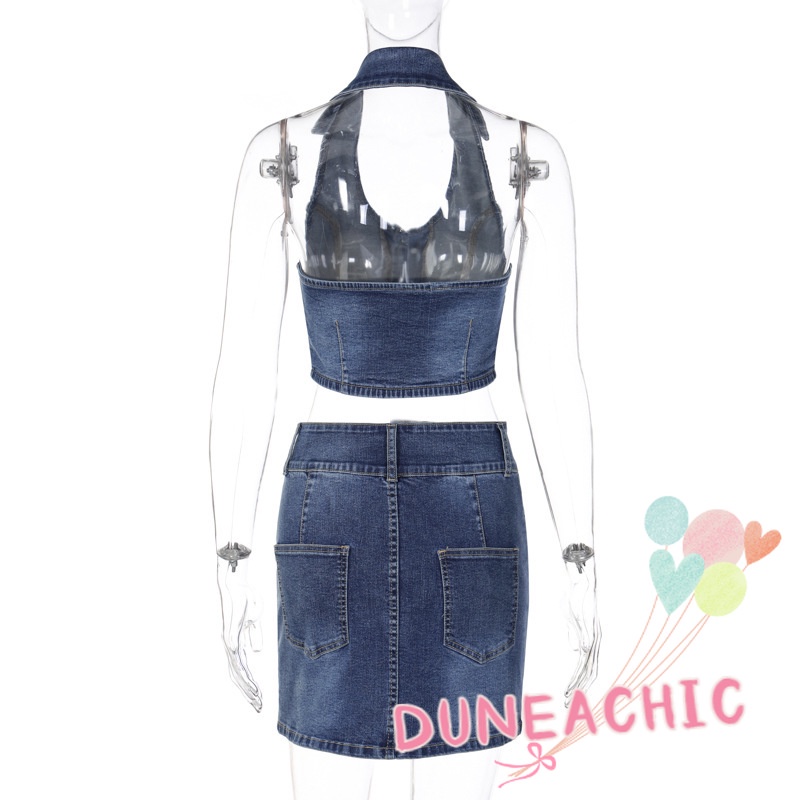 Bộ Áo Tank Top Hở Lưng + Chân váy jean Lưng Cao Phối Nút Cá Tính Cho Nữ