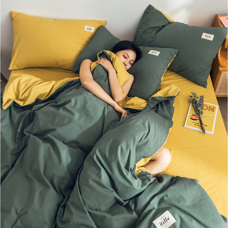 BỘ CHĂN GA GỐI COTTON TICI CAO CẤP ( CHĂN ĐÃ TRẦN BÔNG) MÀU XANH RÊU VÀNG - ĐỦ KÍCH THƯỚC