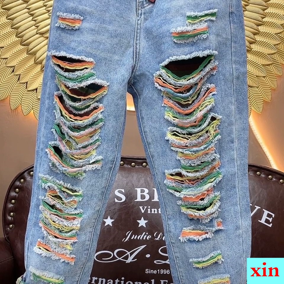 Quần Jeans Dài Rách Gối Thời Trang Dành Cho Nữ
