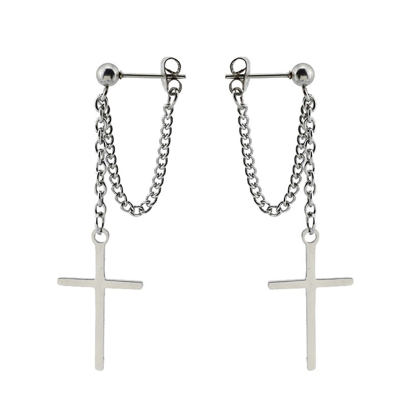Hoa tai bạc S925 họa tiết thánh giá phối dây xích phong cách bụi bặm cá tính thời trang dành cho nam và nữ