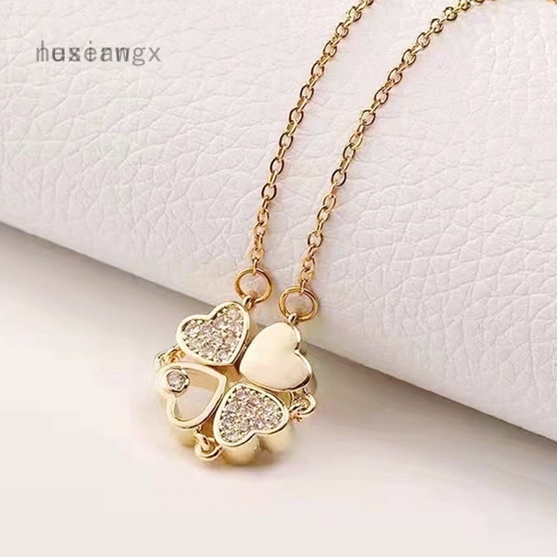 Vòng cổ Mặt Cỏ Bốn Lá Có Thể Gập Lại Và Nam Châm Mặt Trái Tim Xinh Xắn Cho Nữ