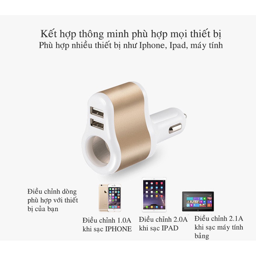 Tẩu sạc ô tô 1 cổng tẩu 2 chân usb tích hợp công nghệ sạc nhanh 3.1A phù hợp với iphone và android