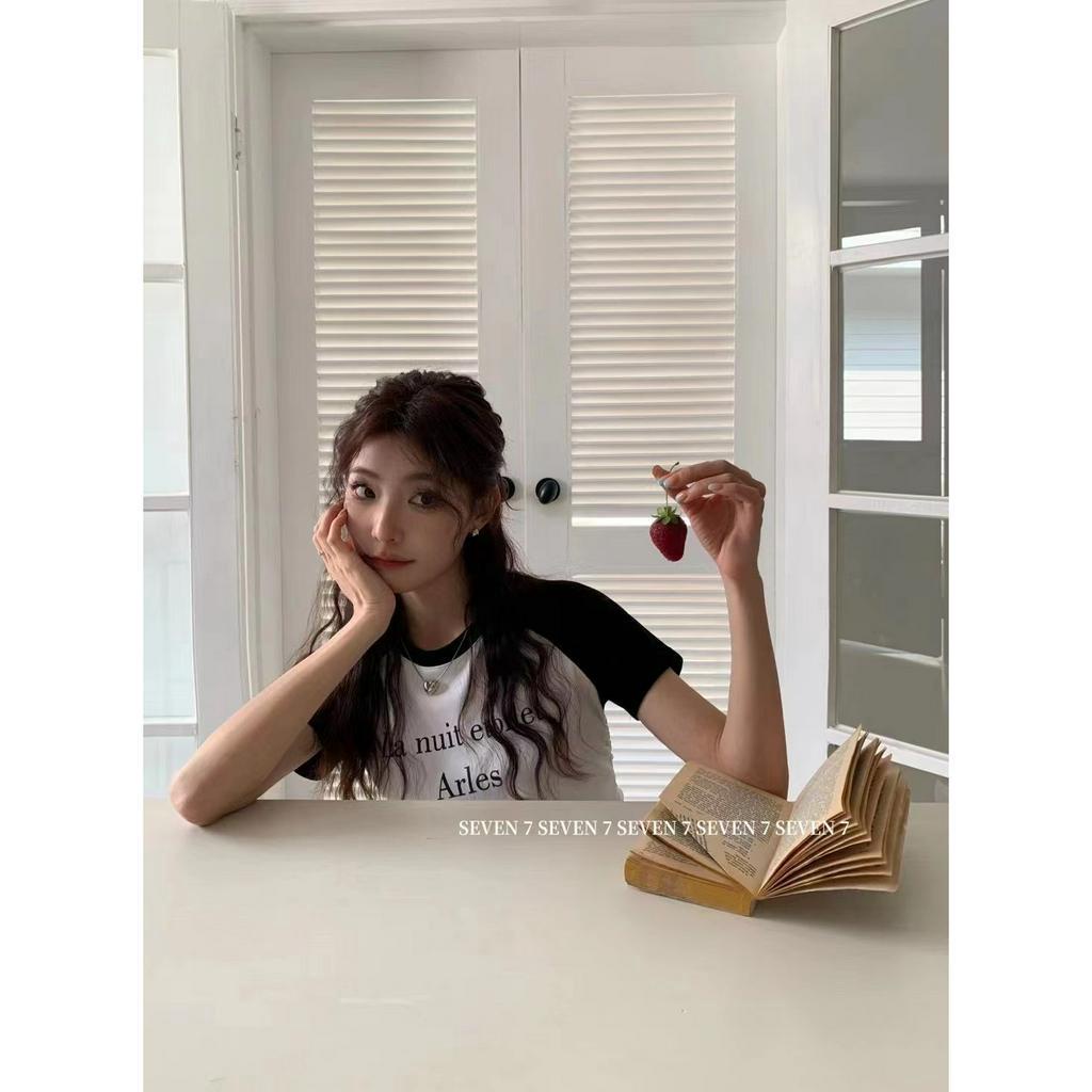 Xiaozhainv Áo Thun Tay Ngắn Dáng Ôm Màu Sắc Tương Phản Phối Dây Rút Thời Trang Mùa Hè Cho Nữ