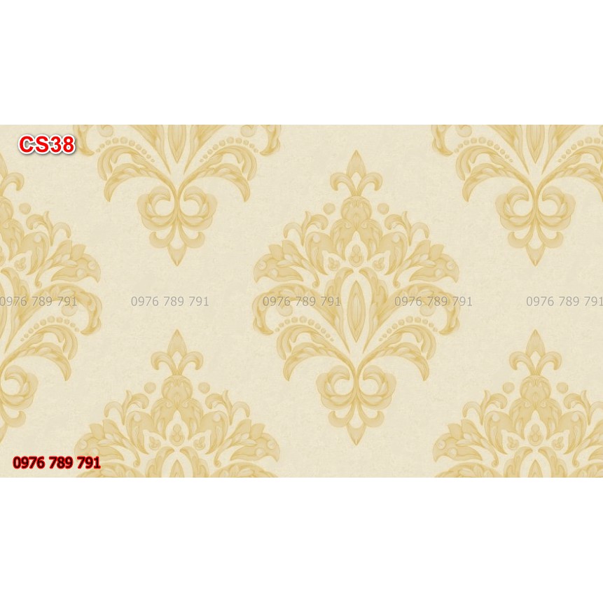 Giấy Dán Tường Hàn Quốc Hoa Văn Châu Âu 3D To , Phòng Khách, Lụa Không Keo, Khổ 1.06m Màu Vàng,  Màu Trắng Kem