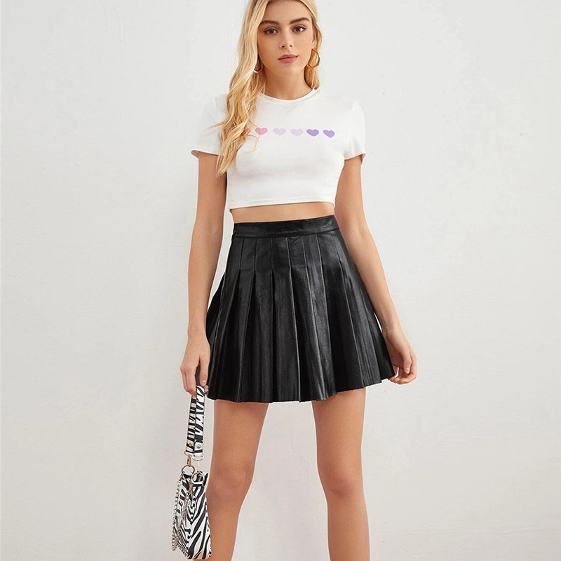 Chân váy IELGY bằng da PU dáng ngắn cạp cao xếp ly thời trang mùa hè cho nữ