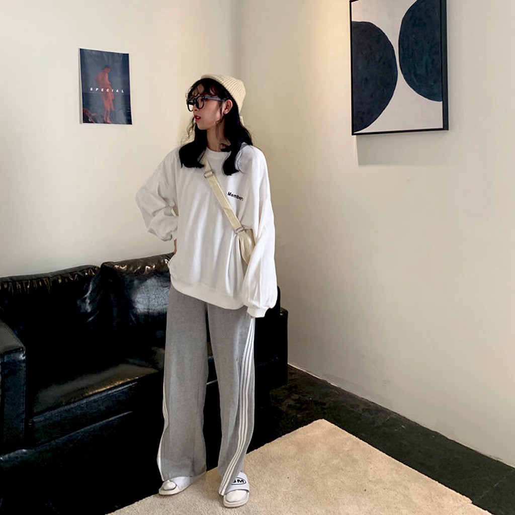 Quần Ống Rộng Xám 3 Sọc Trắng Unisex Nam Nữ Kiểu quần cạp cao sọc Culottes form rộng Leevin Store