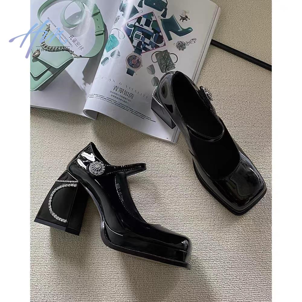 Giày Cao Gót 9CM Đế Dày 9CM Mũi Vuông Đính Đá Kiểu Pháp 2022 Thời Trang Cho Nữ