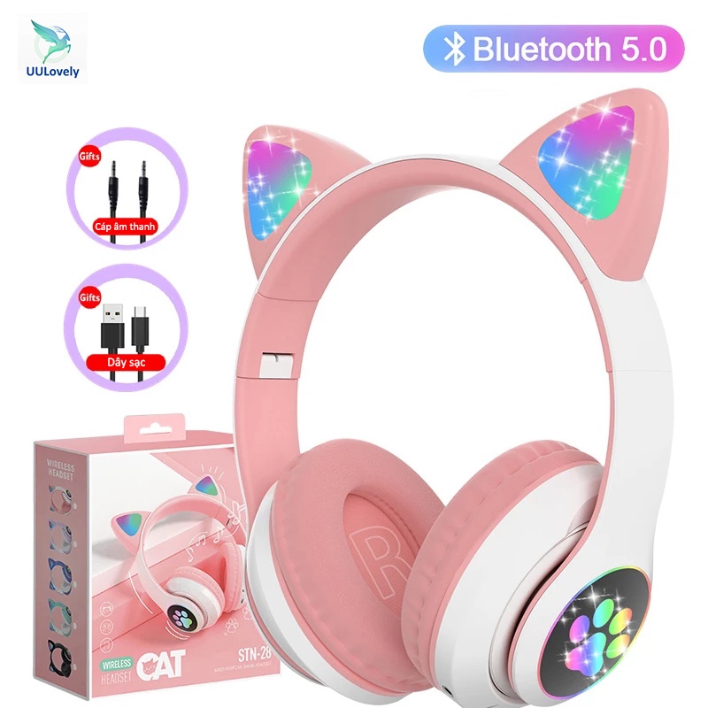 Tai Nghe Chụp Tai Bluetooth Không Dây Tai Mèo Đáng Yêu Có Đèn LED MZ-023,Với Flash RGB,micrô giảm nhiễu,Cáp âm thanh 3.5