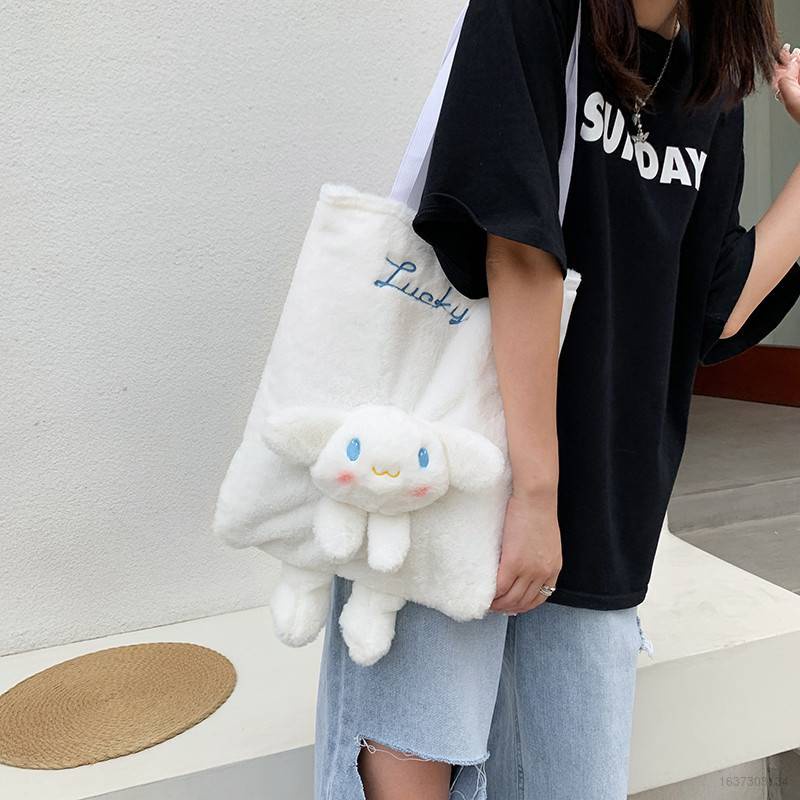 SANRIO Túi xách tote bằng vải bông gấp được in hình Stitch dễ thương phong cách Hàn Quốc cho nữ
