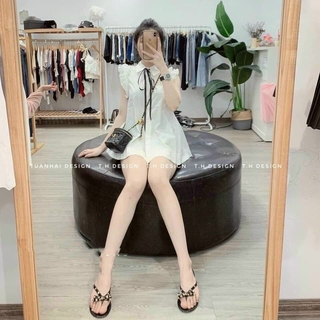  Áo sơ mi nơ nhỏ tiểu thư tay bèo sát nách cánh tiên fom rộng