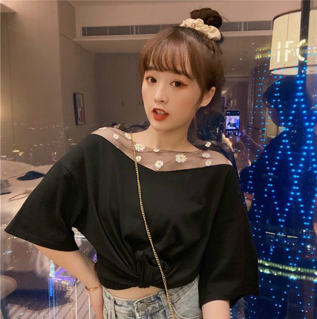 Áo Phông Nữ Summer New Daisy Yarn Splicing Loose Short Sleeve T-shirt Female Student Top