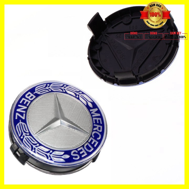 Logo chụp mâm, ốp lazang bánh xe ô tô Mercedes Benz MBZ75 cao cấp đường kính 75mm, Nhựa ABS + Phủ thủy tinh hữu cơ