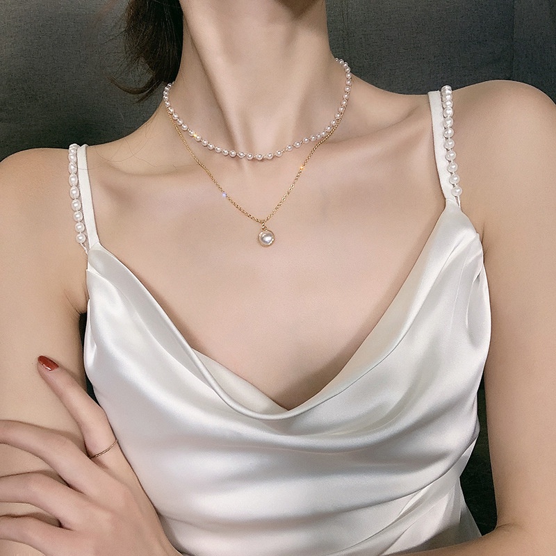 Dây chuyền kim loại hai lớp xỏ ngọc trai nhân tạo thời trang