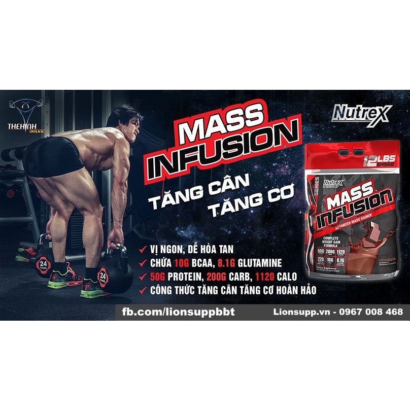 Nutrex Mass Infusion 5,4kg Sữa Tăng Cân Tăng Cơ Hỗ Trợ Men Tiêu Hóa - Hàng Chính Hãng BBT