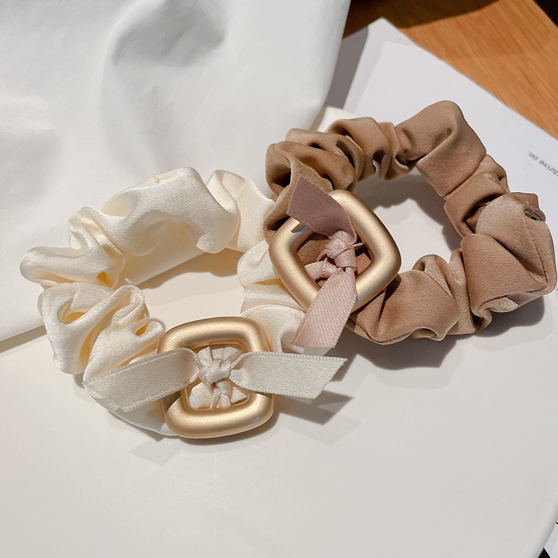 Dây Cột Tóc Cao Su Co Giãn Bọc Vải Satin Mềm 5 Màu Hình Vuông Kim Loại